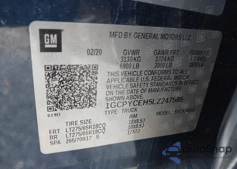 2020 Chevrolet Silverado 4Wd Short Bed Custom Trail Boss z USA, uszkodzony, nr VIN 1GCPYCEH5LZ247585